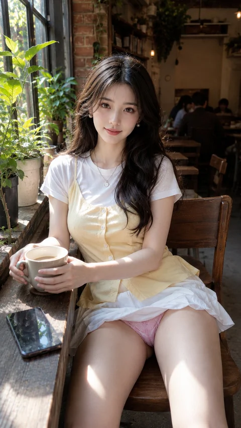 A woman in a pale yellow dress sits on a wooden cafe chair holding a cup beside leafy window light.