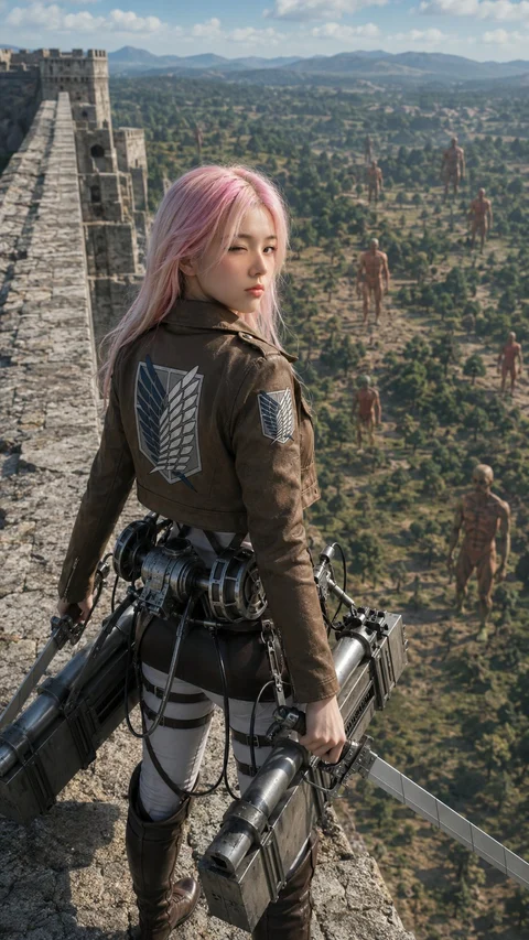 A pink-haired figure wearing dark armor and mechanical equipment stands on a high stone wall above a sprawling city.