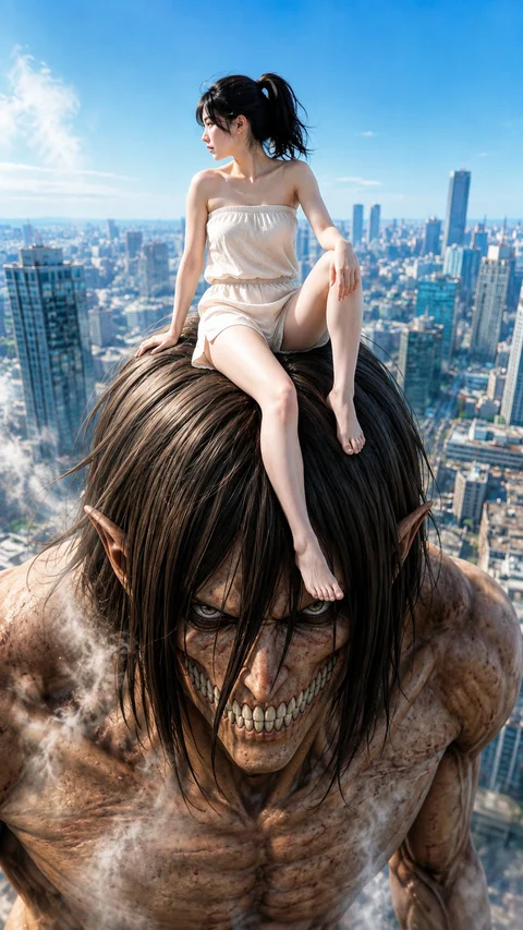 A woman sits on the head of a huge long-haired creature above a dense city skyline.