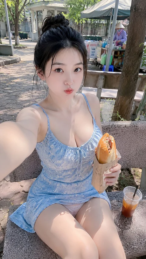 A person in a blue dress takes a seated outdoor selfie while holding a bread roll beside a drink.