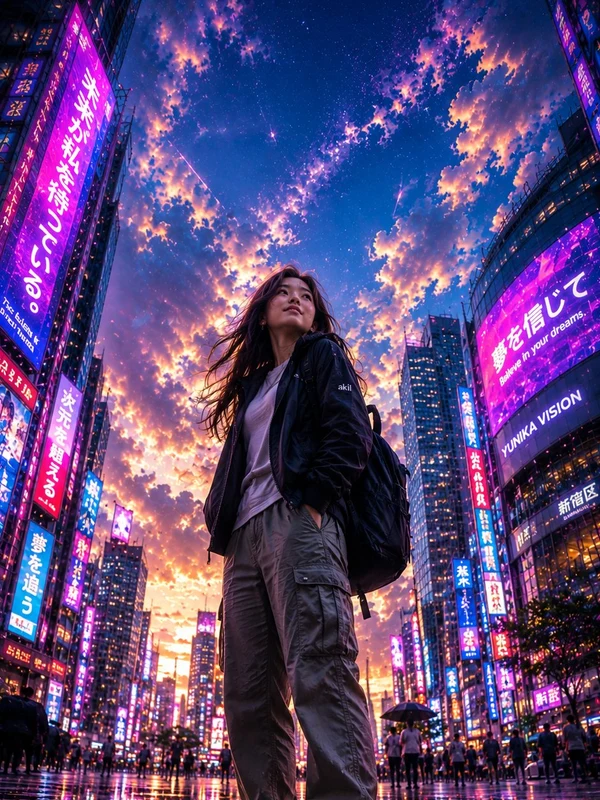 Woman in a dark jacket beneath vivid neon city lights
