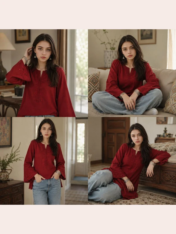Four-frame editorial portrait study with a red shirt