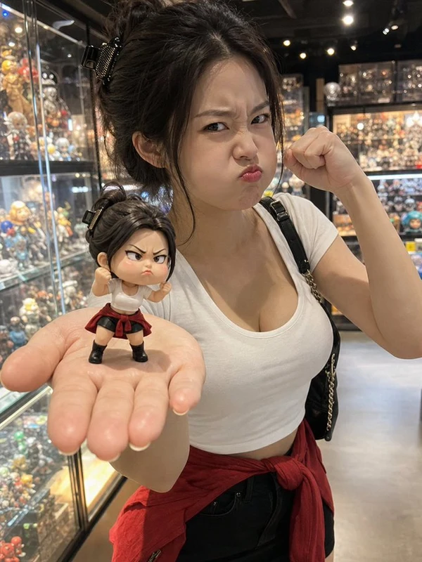 Woman holding a small stylized figurine at a retail display