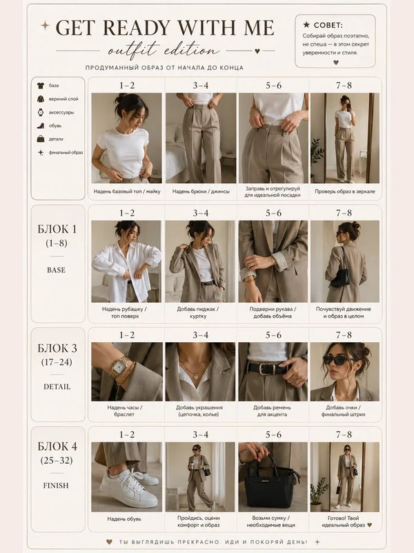 Editorial grid of neutral-colored adult fashion outfits