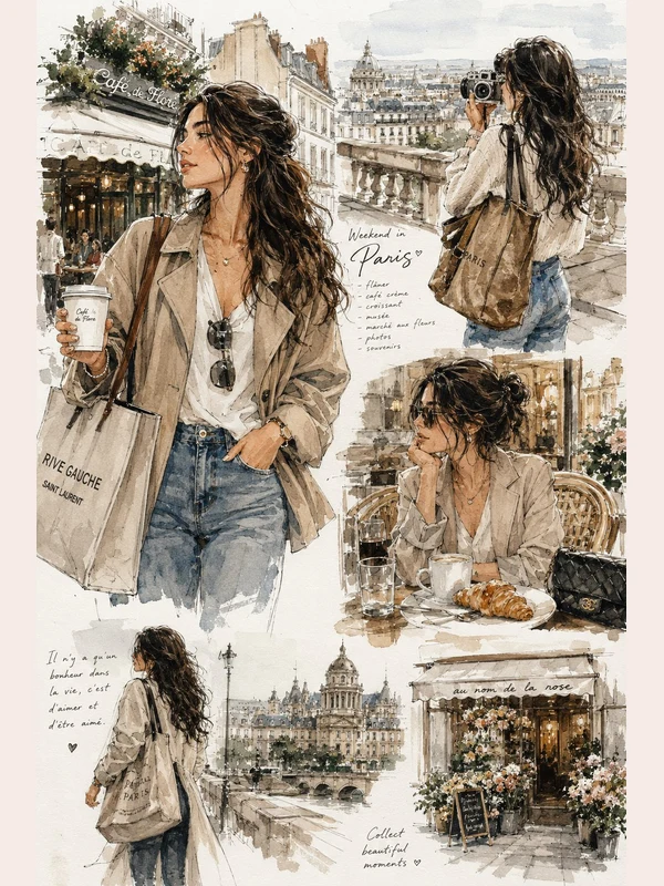 Paris fashion sketch collage with city scenery