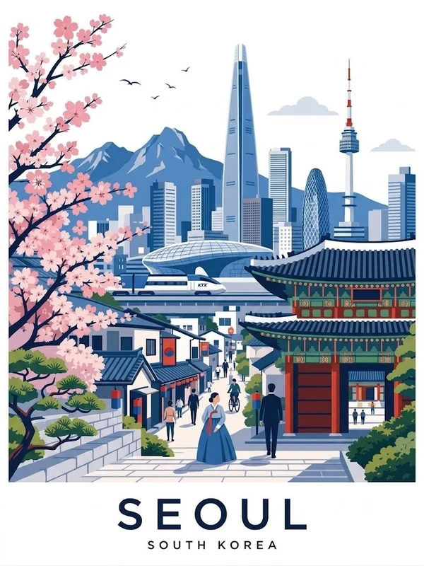 Illustrated Seoul city travel poster with cherry blossoms