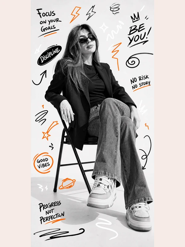 Black-and-white fashion portrait with orange motivational doodles