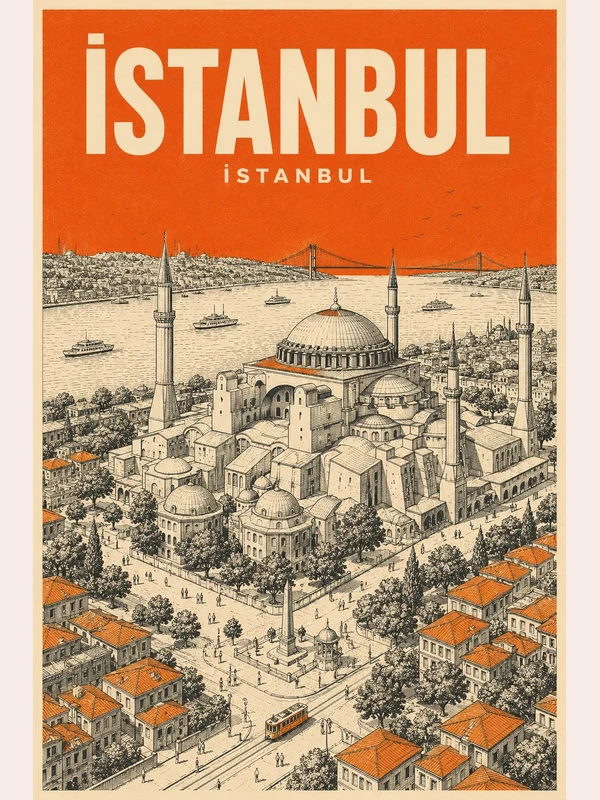 Istanbul cityscape illustrated in an orange travel poster
