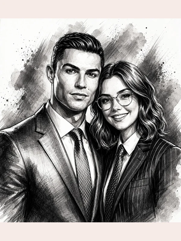 Ink-style adult couple portrait in formal suits