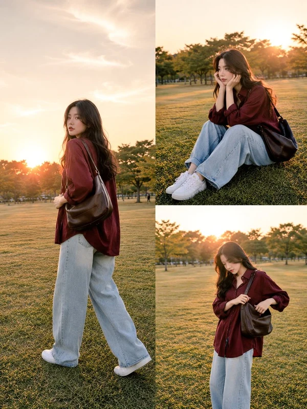 Three-frame sunset portrait study with a burgundy jacket