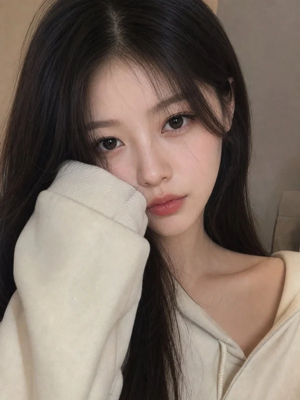 Woman resting her face against the sleeve of an ivory knit top
